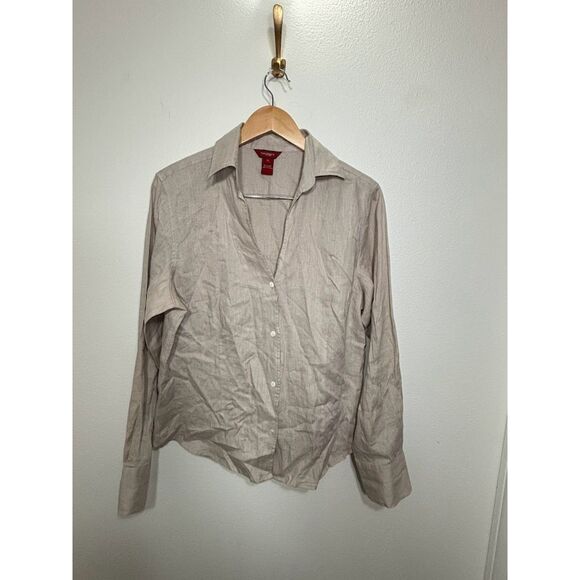 Sundance Linen Button Up Shirt V neck size 16 EUC tan Khaki Lagenlook Travel - Picture 2 of 4